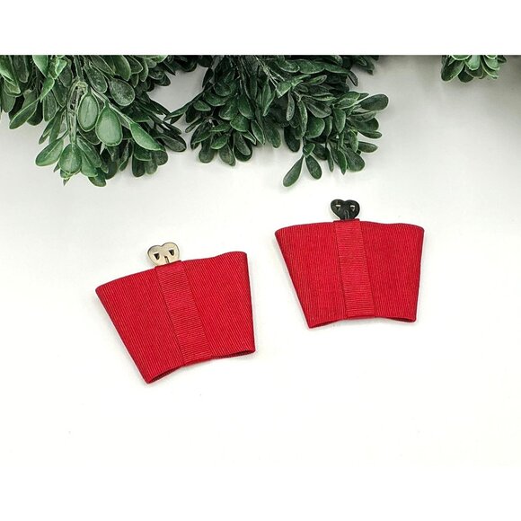 Red Grosgrain Ribbon Shoe Clips With Metal Clips - Picture 1 of 3